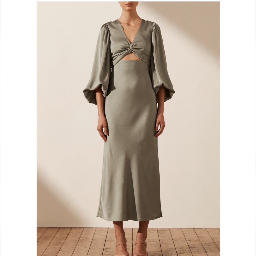 Shona Joy LUXE TWIST FRONT BALLOON SLEEVE SATIN CUT OUT MIDI DRESS EUCALYPTUS 8